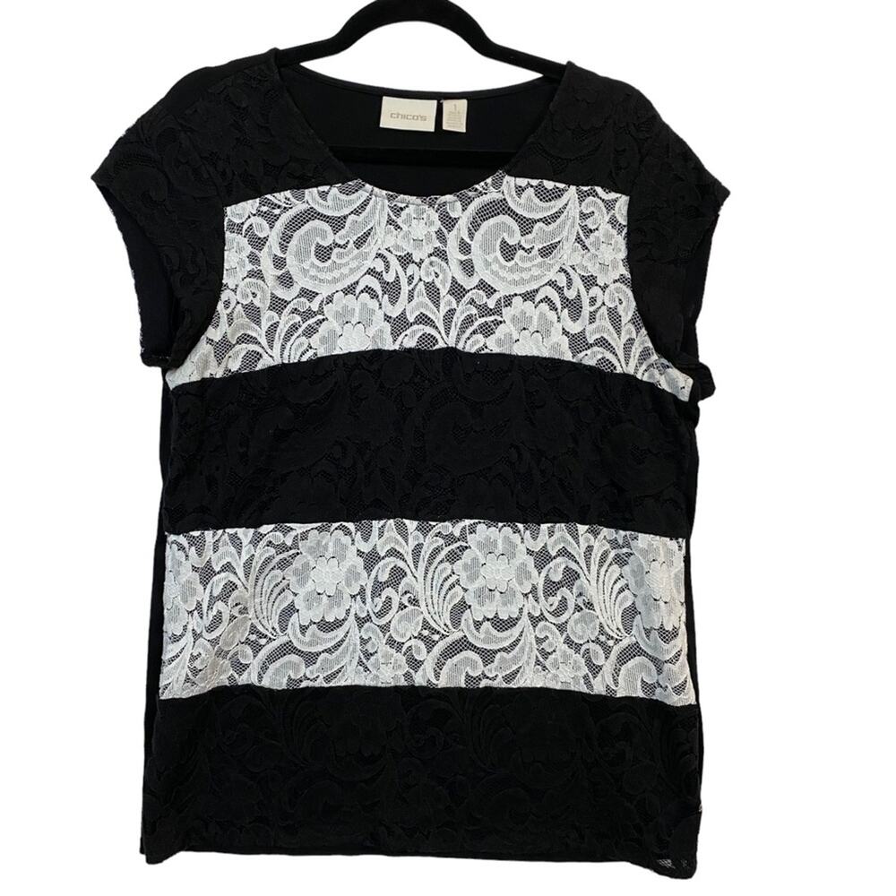 Chico's Women's Black White Lace Overlay Short Sleeve Top Size Medium